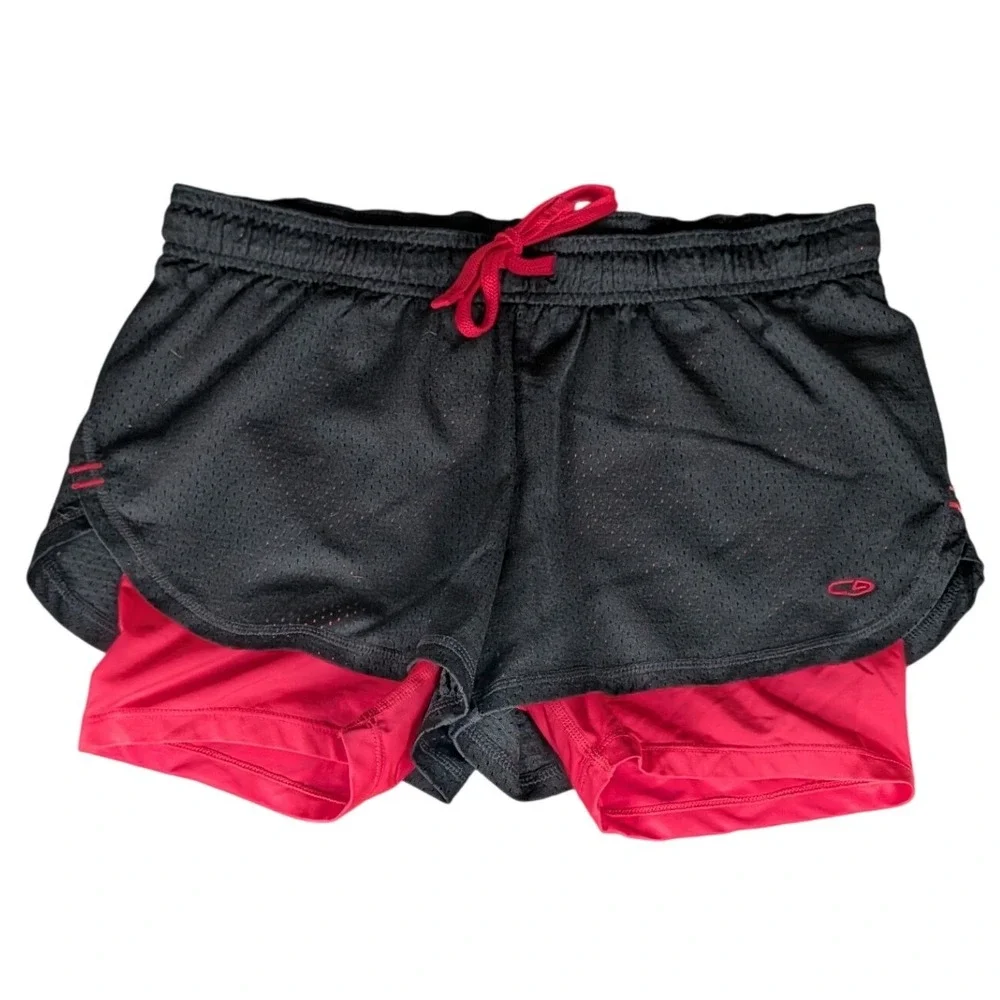 C9 Champion Mens 2-in-1 Mesh Athletic Shorts Black Red Drawstring Activewear